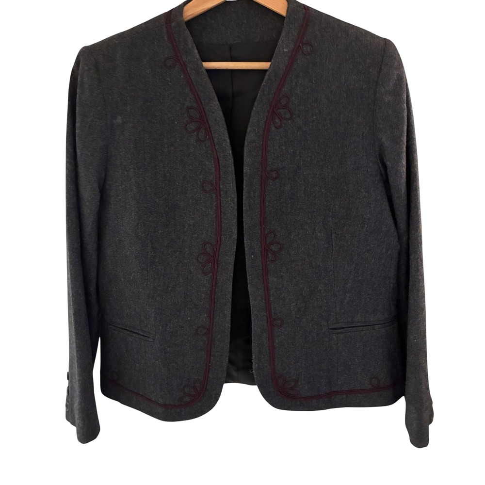 Vintage Twee Wool Crop Charcoal Grey Blazer w/ Burgundy Trim Detail  Women Sz 14